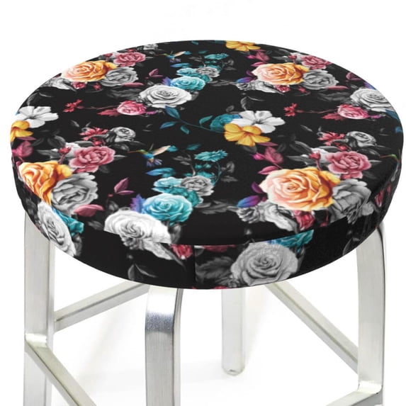 Uemuo Hibiscus Rose Pattern Round Bar Stool Seat Covers Washable Stool Cushion Slipcover Elastic Bar Chair Covers-