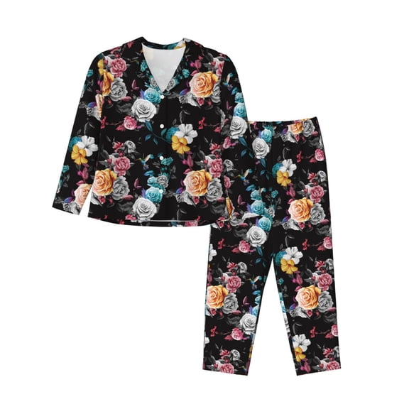 Uemuo Hibiscus Rose Pattern Womens Pajama Sets,PJ Set for Women,Pajamas for Women Logo,Long Sleeve Pajama Set for Women,Soft Long Sleeve Top With Pants-Small