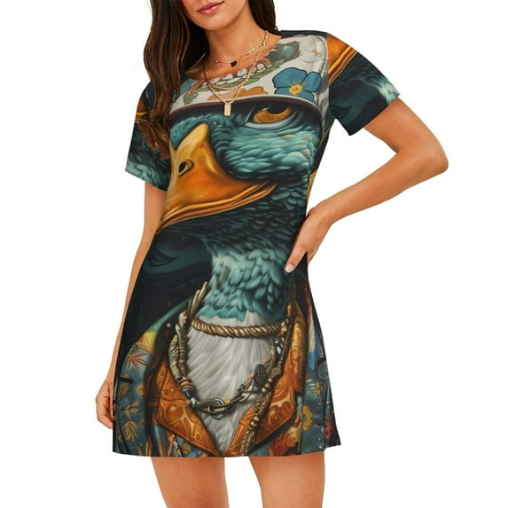 Uemuo Hip-Hop Duck Pattern Women’s Nightdress – Casual Sleep Shirt, Soft Relaxed Fit Short-Sleeved Cotton Sleepwear for Home, Bedtime, and Lounging
