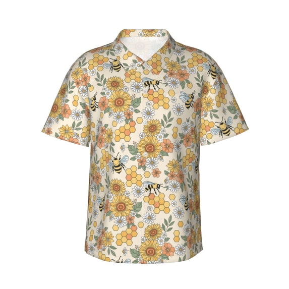 Uemuo Hippie Bee Honeycomb Printed Regular Fit Short Sleeve Casual Hawaiian Shirt for Men,Aloha shirt,Tropical shirt,Floral print shirt,Vacation Beach shirt-XX-Large