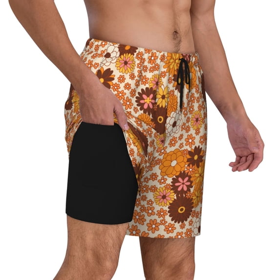 Uemuo Hippie Ditsy Floral Pattern Mens Swim Trunks Quick Dry Board Shorts with Mesh Lining, Stretch Beach Shorts Quick Dry No-Chafing Board Shorts-3X-Large