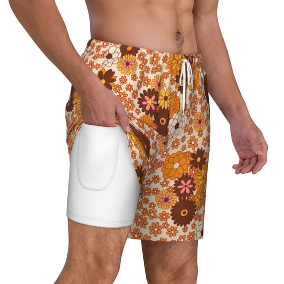 Uemuo Hippie Ditsy Floral Pattern Mens Swim Trunks Quick Dry Board Shorts with Mesh Lining, Stretch Beach Shorts Quick Dry No-Chafing Board Shorts-Medium