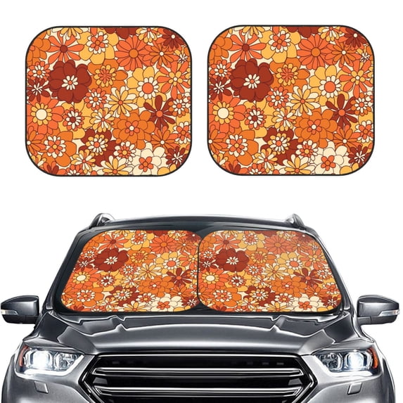 Uemuo Hippie Flower Printed 2 PCS Car Windshield Sun Shade, Auto Sun Heat and UV Rays Blocker, Foldable Automotive Front Window Sunshade Protector