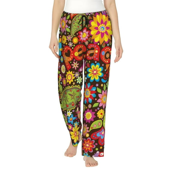 Uemuo Hippie Peace Love Pattern Women's Wide Leg Palazzo Lounge Pants with Pockets Light Weight Loose Comfy Casual Pajama Pants-Medium