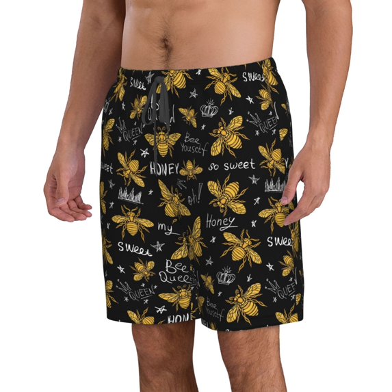 Uemuo Hohey Bee Golden Embroidery Pattern Men's Swim Trunks Hawaiian Beach Bathing Suit Swimsuits Beach Quick-Dry Shorts with Pockets-Small