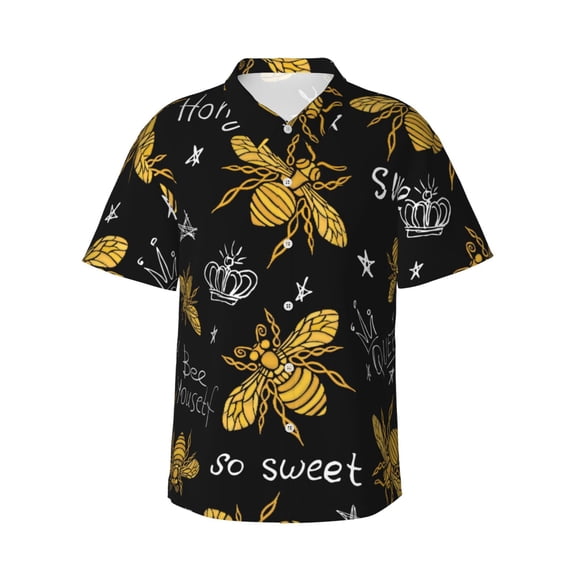 Uemuo Hohey Bee Golden Embroidery Printed Regular Fit Short Sleeve Casual Hawaiian Shirt for Men,Aloha shirt,Tropical shirt,Floral print shirt,Vacation Beach shirt-Large