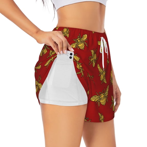 Uemuo Hohey Bee Golden Pattern Women's Athletic Shorts High Waisted Running Shorts with Liner Pockets Gym Elastic Workout Shorts-X-Large