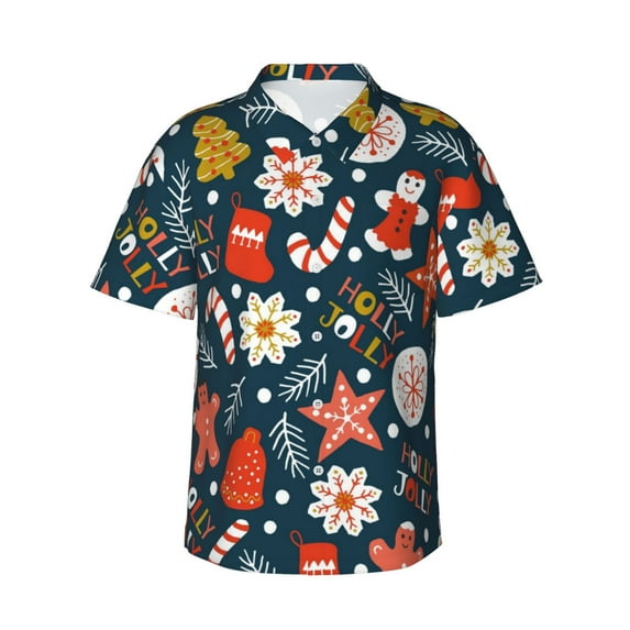 Uemuo Holiday Christmas Cookies Printed Regular Fit Short Sleeve Casual Hawaiian Shirt for Men,Aloha shirt,Tropical shirt,Floral print shirt,Vacation Beach shirt-3X-Large