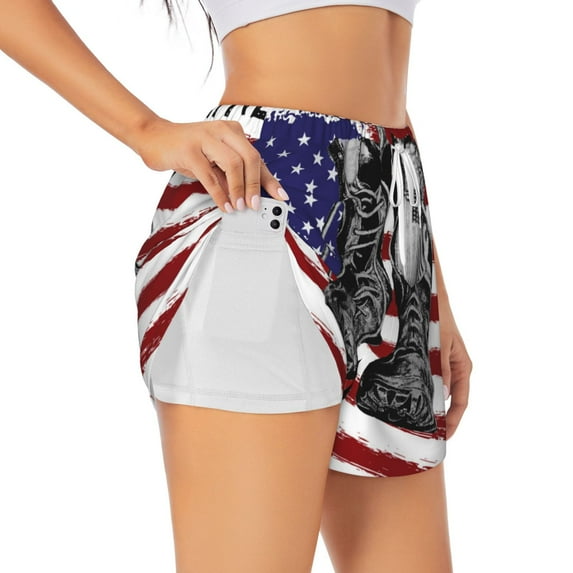 Uemuo Home Of The Free Because Of The Brave Pattern Women's Athletic Shorts High Waisted Running Shorts with Liner Pockets Gym Elastic Workout Shorts-X-Large