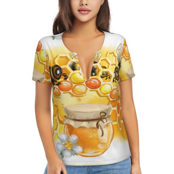 Uemuo Honey Bee Drawing Women's Deep V-Neck Low Cut Tops - Casual Loose Fit with Stainless Steel Loop, Soft, Breathable, Perfect for Office, Travel, and Daily Wear-Small