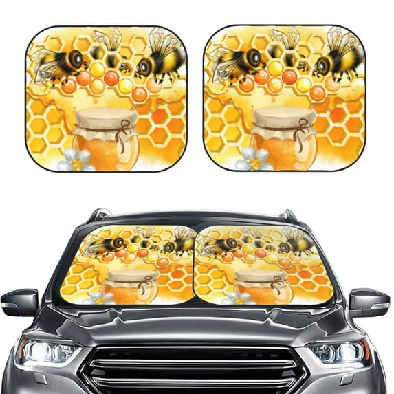 Uemuo Honey Bee Printed 2 PCS Car Windshield Sun Shade, Auto Sun Heat and UV Rays Blocker, Foldable Automotive Front Window Sunshade Protector