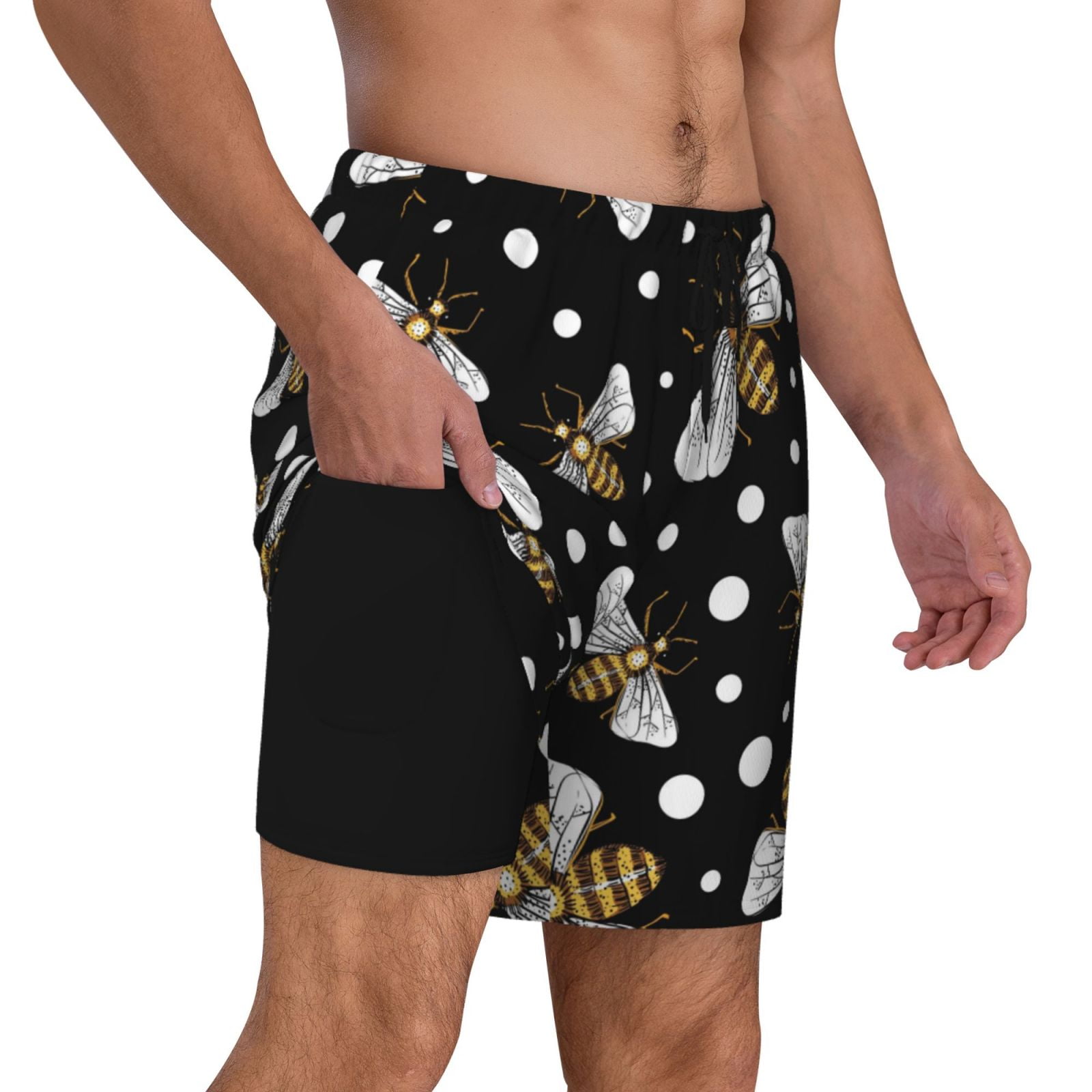 Uemuo Honey Bees at Night Pattern Mens Swim Trunks Quick Dry Board