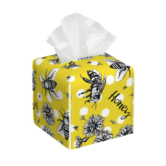Uemuo Honeybee Tissue Box Cover Holder, Square with Bottom Belt - PVC Leather Decorative Organizer for Tabletop, Bathroom, Car, Office