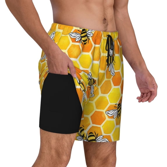 Uemuo Honeycombs Pattern Mens Swim Trunks Quick Dry Board Shorts with Mesh Lining, Stretch Beach Shorts Quick Dry No-Chafing Board Shorts-X-Large
