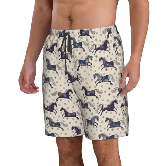 Uemuo Horse Pattern Men's Swim Trunks Hawaiian Beach Bathing Suit Swimsuits Beach Quick-Dry Shorts with Pockets-Small