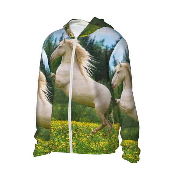 Uemuo Horse Rearing Up In The Field Pattern Women's Full Zip UPF 50+ Sun Protection Hoodie Jacket Long Sleeve Sun Shirt Hiking Outdoor Performance with Pockets-