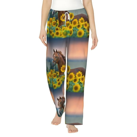 Uemuo Horse Sunflowers Pattern Women's Wide Leg Palazzo Lounge Pants with Pockets Light Weight Loose Comfy Casual Pajama Pants-Small