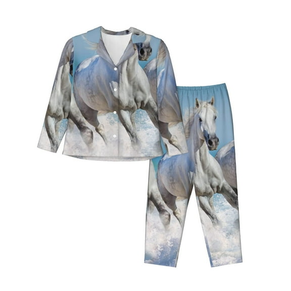 Uemuo Horses Running Through The Water Pattern Womens Pajama Sets,PJ Set for Women,Pajamas for Women Logo,Long Sleeve Pajama Set for Women,Soft Long Sleeve Top With Pants-Small