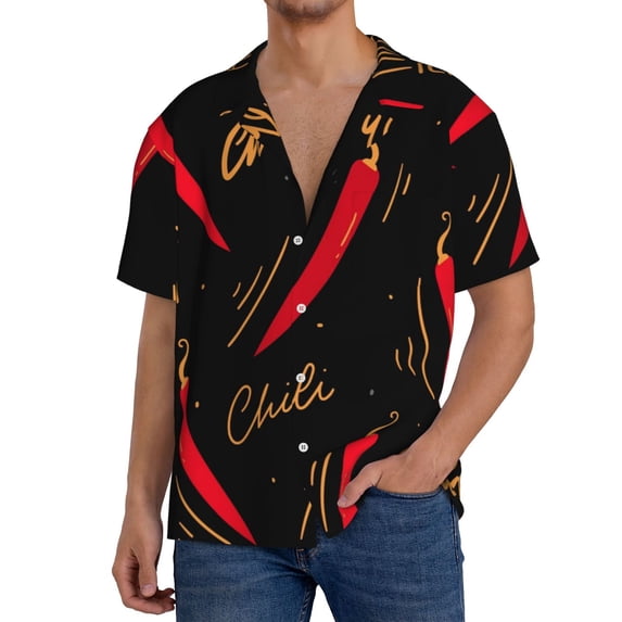 Uemuo Hot Chili Pattern Cotton Linen Short Sleeve Shirts,Casual Lightweight Button Down Shirts,Vacation Beach Summer Tops-Medium