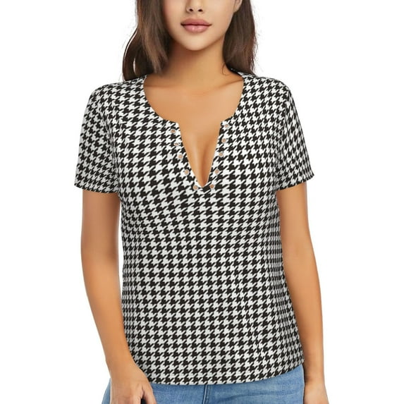 Uemuo Houndstooth Black And White Drawing Women's Deep V-Neck Low Cut Tops - Casual Loose Fit with Stainless Steel Loop, Soft, Breathable, Perfect for Office, Travel, and Daily Wear-XX-Large