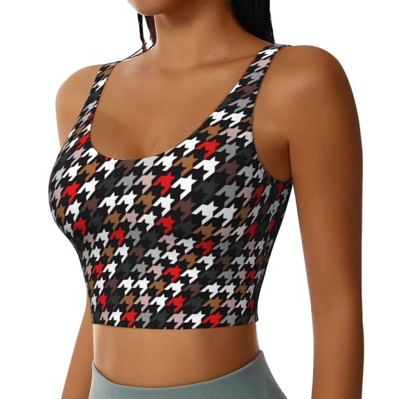 Uemuo Houndstooth Green Red Pattern Women's Sports Bra - High Impact Support, Breathable, and Comfortable Athletic Bra for Running, Yoga, and Workouts