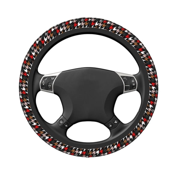Uemuo Houndstooth Green Red Printed Car Elastic Steering Wheel Cover - Universal Car Accessory for Diverse Cars Anti-Slip, and Comfortable- 15"