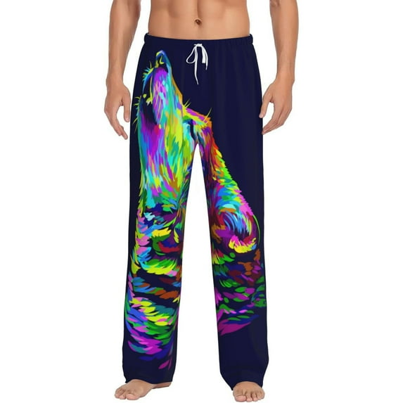 Uemuo Howling Wolf Pattern Men's Wide Leg Palazzo Lounge Pants with Pockets Light Weight Loose Comfy Casual Pajama Pants-Small
