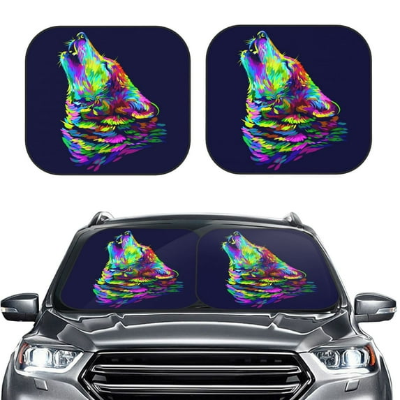 Uemuo Howling Wolf Printed 2 PCS Car Windshield Sun Shade, Auto Sun Heat and UV Rays Blocker, Foldable Automotive Front Window Sunshade Protector