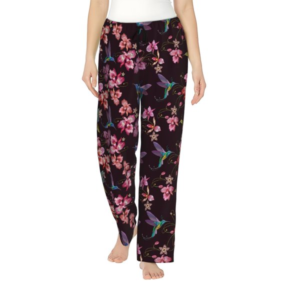 Uemuo Humming Bird And Tropical Pattern Women's Wide Leg Palazzo Lounge Pants with Pockets Light Weight Loose Comfy Casual Pajama Pants-Large