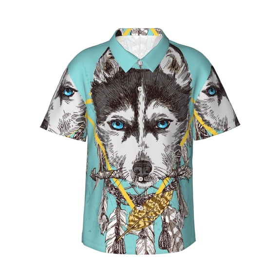 Uemuo Husky With Dreamcatcher Printed Regular Fit Short Sleeve Casual Hawaiian Shirt for Men,Aloha shirt,Tropical shirt,Floral print shirt,Vacation Beach shirt-3X-Large