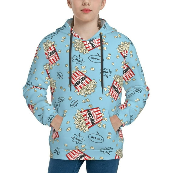 Uemuo I Am A Fan Popcorn Pattern Hooded Sweatshirt for Youth Pullover with Kangaroo Pocket Trendy youth sweatshirt Casual Hoodie for Boys and Girls-X-Large