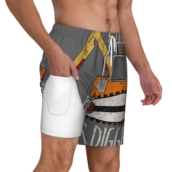 Uemuo I Like Big Digger Pattern Mens Swim Trunks Quick Dry Board Shorts with Mesh Lining, Stretch Beach Shorts Quick Dry No-Chafing Board Shorts-XX-Large