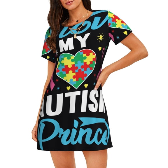 Uemuo I Love My Autism Pattern Women’s Nightdress – Casual Sleep Shirt, Soft Relaxed Fit Short-Sleeved Cotton Sleepwear for Home, Bedtime, and Lounging