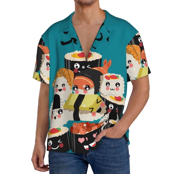 Uemuo I Love Sushi Pattern Cotton Linen Short Sleeve Shirts,Casual Lightweight Button Down Shirts,Vacation Beach Summer Tops-4X-Large