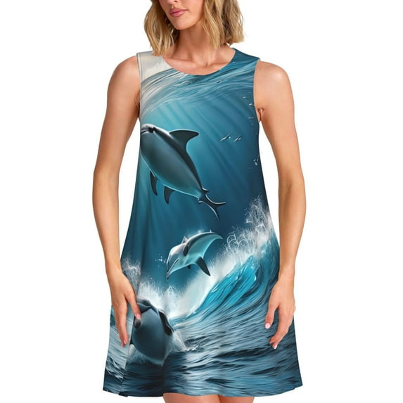 Uemuo Ice Blue Ocean Cute Dolphin A Pattern Women’s Sleeveless Dress – Casual Summer A-Line Dress, Stylish and Comfortable Sundress for Hot Weather