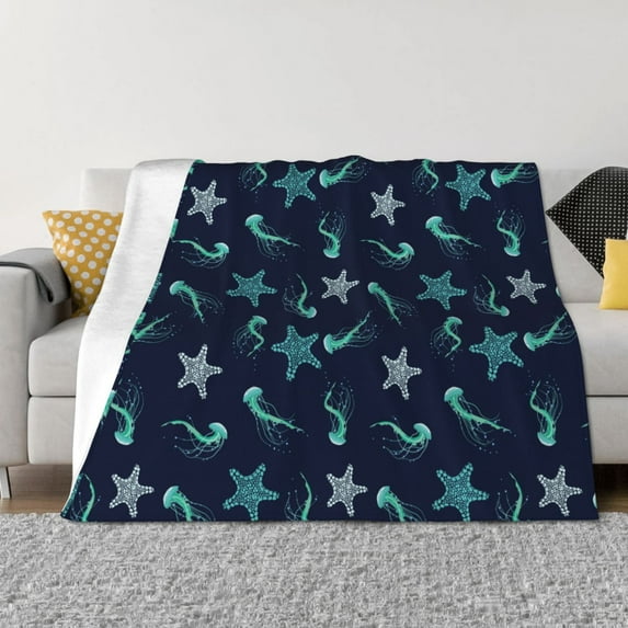 Uemuo Ice Blue Starfish and Jellyfish Printed Throw Blanket for Couch, Fluffy Fuzzy Blankets for Bed, Sofa, Cozy Flannel Faux Fur Blanket-80"x60"