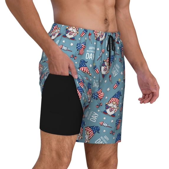 Uemuo Independence With Gnome Pattern Mens Swim Trunks Quick Dry Board Shorts with Mesh Lining, Stretch Beach Shorts Quick Dry No-Chafing Board Shorts-Medium