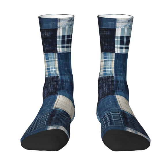 Uemuo Indigo Patchwork Quilt Pattern Women's Crew Socks, Soft Durable Breathable Moisture-Wicking with Odor Control Cotton socks
