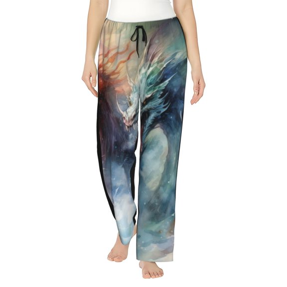 Uemuo Ink Style Wave Dragon Pattern Women's Wide Leg Palazzo Lounge Pants with Pockets Light Weight Loose Comfy Casual Pajama Pants-Medium