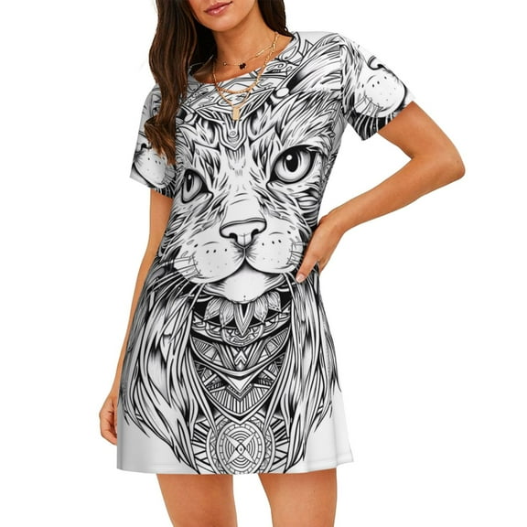 Uemuo Intricate Cat Mandala Pattern Women’s Nightdress – Casual Sleep Shirt, Soft Relaxed Fit Short-Sleeved Cotton Sleepwear for Home, Bedtime, and Lounging