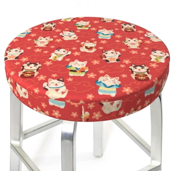 Uemuo Japanese Maneki Cats Pattern Round Bar Stool Seat Covers Washable Stool Cushion Slipcover Elastic Bar Chair Covers-12 inch