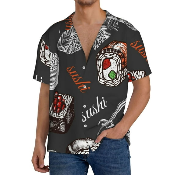 Uemuo Japanese Sushi Hashi Pattern Cotton Linen Short Sleeve Shirts,Casual Lightweight Button Down Shirts,Vacation Beach Summer Tops-3X-Large