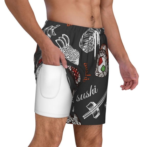 Uemuo Japanese Sushi Hashi Pattern Mens Swim Trunks Quick Dry Board Shorts with Mesh Lining, Stretch Beach Shorts Quick Dry No-Chafing Board Shorts-Small