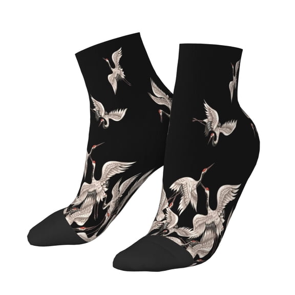 Uemuo Japanese White Crane Printed Crew Socks, Moisture-Wicking Socks, Athletic Socks for Men Breathable Cushion Socks Casual Sport Socks for Running Traveling