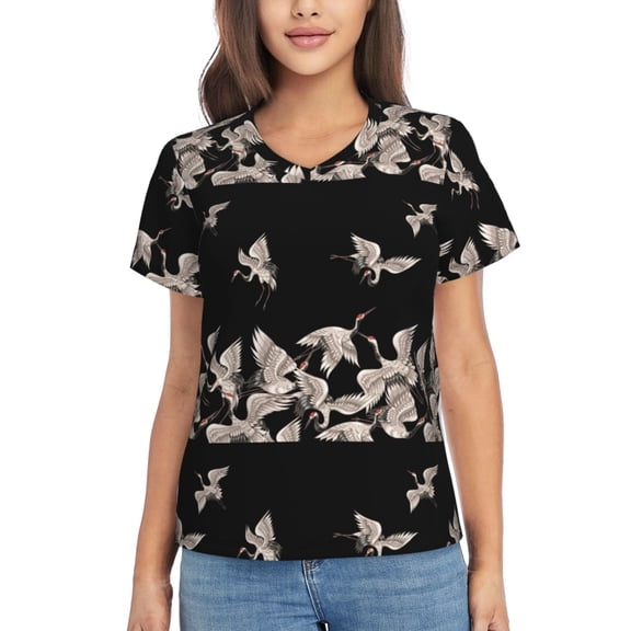 Uemuo Japanese White Crane Printed Women's Classic V-Neck T-Shirt - Soft, Breathable, Moisture-Wicking, Perfect for Casual, Office, Travel, and Everyday Wear-Large