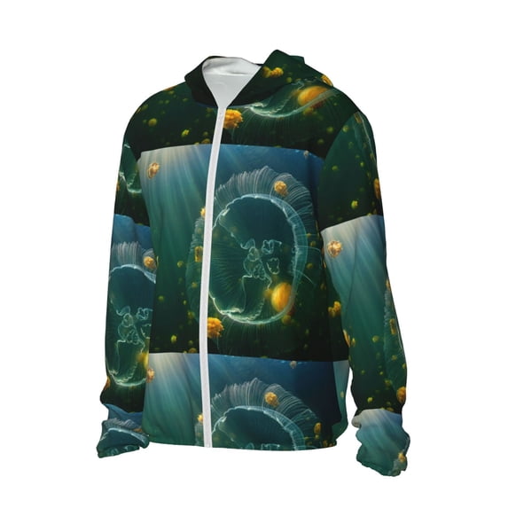 Uemuo Jelly Fish Pattern Women's Full Zip UPF 50+ Sun Protection Hoodie Jacket Long Sleeve Sun Shirt Hiking Outdoor Performance with Pockets-