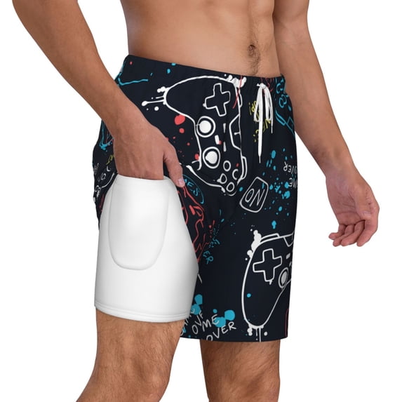 Uemuo Joystick Gamepad Pattern Mens Swim Trunks Quick Dry Board Shorts with Mesh Lining, Stretch Beach Shorts Quick Dry No-Chafing Board Shorts-Medium
