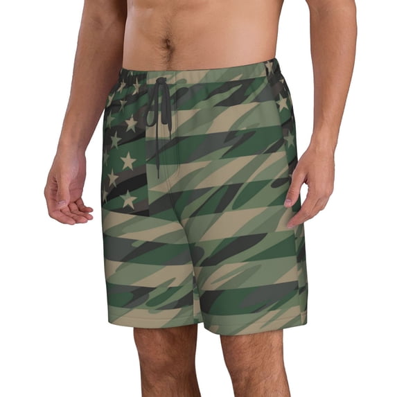 Uemuo Jungle Green Camo USA Flag Pattern Men's Swim Trunks Hawaiian Beach Bathing Suit Swimsuits Beach Quick-Dry Shorts with Pockets-