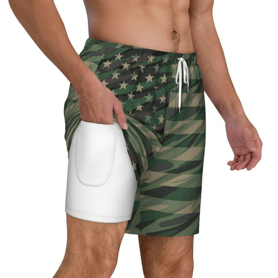 Uemuo Jungle Green Camo USA Flag Pattern Mens Swim Trunks Quick Dry Board Shorts with Mesh Lining, Stretch Beach Shorts Quick Dry No-Chafing Board Shorts-3X-Large
