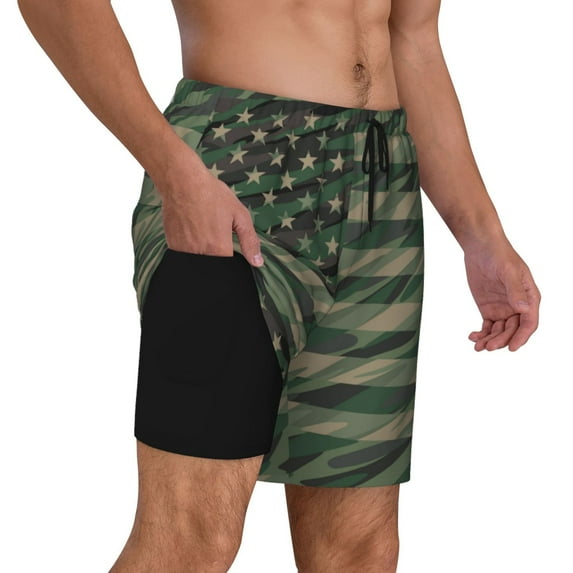 Uemuo Jungle Green Camo USA Flag Pattern Mens Swim Trunks Quick Dry Board Shorts with Mesh Lining, Stretch Beach Shorts Quick Dry No-Chafing Board Shorts-X-Large